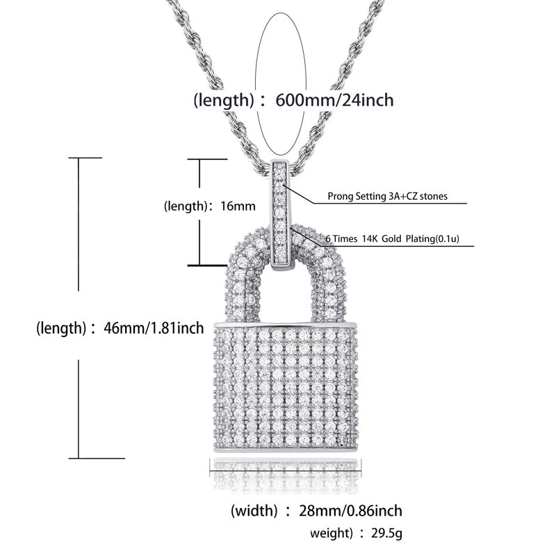 DatNewDrip iced out lock pendant with CZ stones and 14K gold plating on 24 inch rope chain