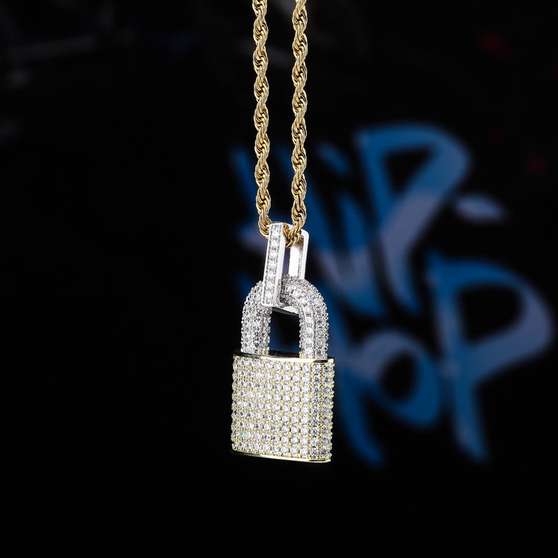 DatNewDrip iced out lock pendant on gold rope chain with pave stones two tone padlock necklace