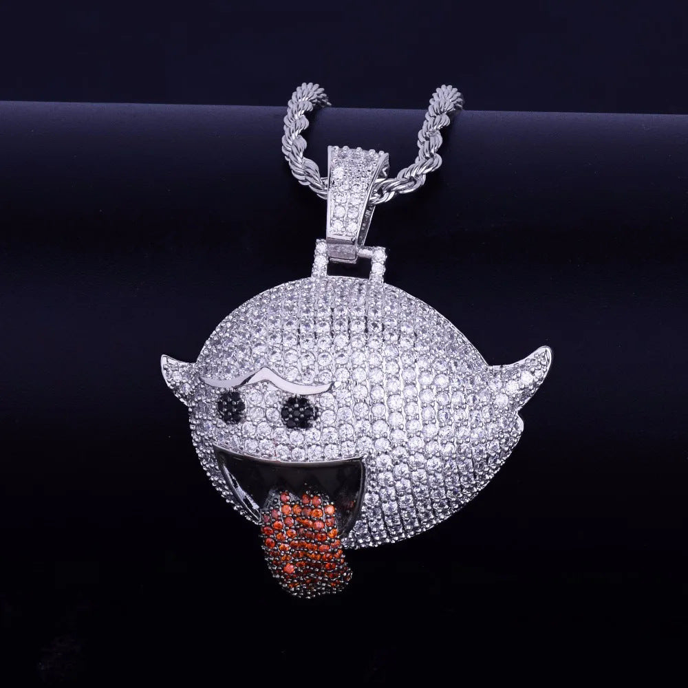 Iced Out Naughty Ghost Pendant by DatNewDrip silver pave crystal ghost pendant with black eyes red tongue on rope chain