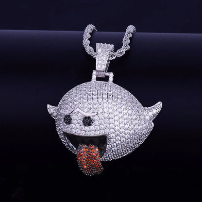 Iced Out Naughty Ghost Pendant by DatNewDrip silver pave crystal ghost pendant with black eyes red tongue on rope chain