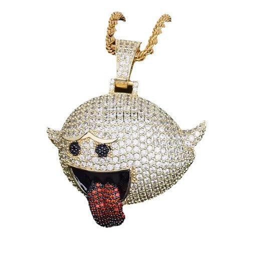 DatNewDrip Iced Out Naughty Ghost Pendant gold tone design encrusted with clear crystals black eyes red jeweled tongue