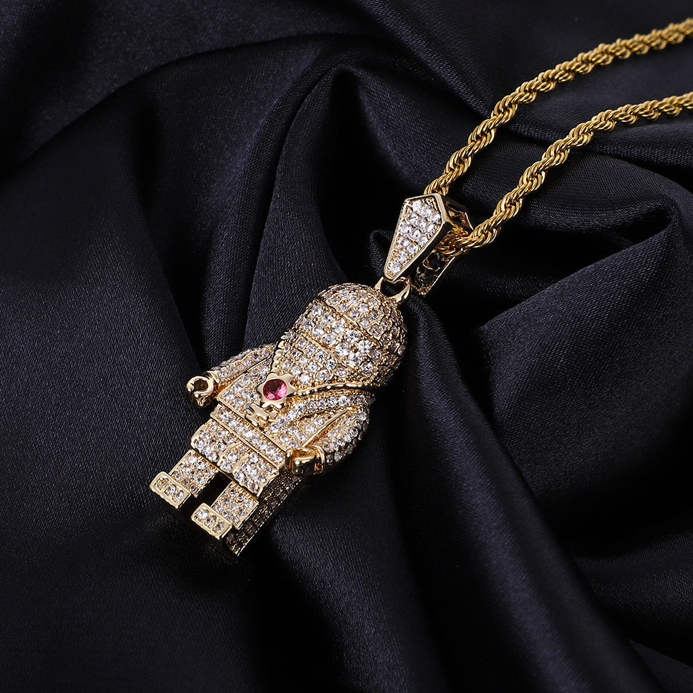 DatNewDrip iced out spaceman pendant gold astronaut pendant encrusted with diamonds and red gem on rope chain