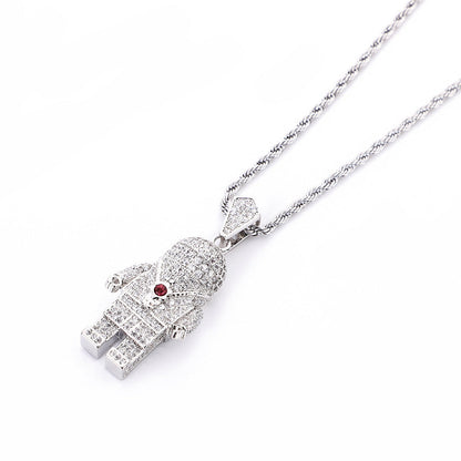 DatNewDrip iced out spaceman pendant in silver with pave crystals and red eye on rope chain