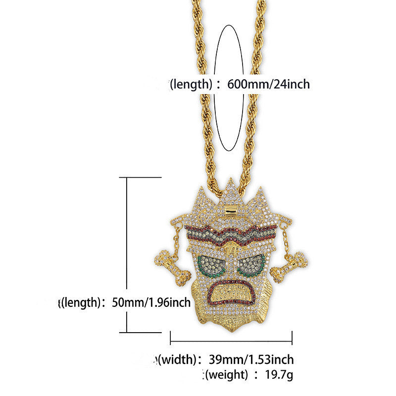 DatNewDrip gold rope chain necklace with Iced Out Crash Bandicoot pendant mask style green eyes and bone charms