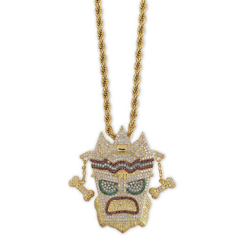 DatNewDrip Iced Out Crash Bandicoot pendant gold rope chain mask pendant with multicolor cubic zirconia and bone accents
