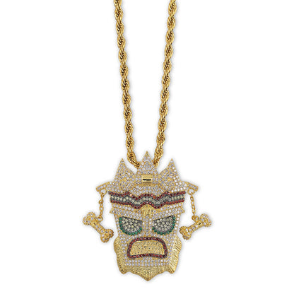 DatNewDrip Iced Out Crash Bandicoot pendant gold rope chain mask pendant with multicolor cubic zirconia and bone accents