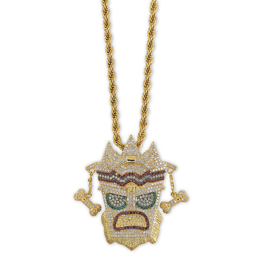DatNewDrip Iced Out Crash Bandicoot pendant gold rope chain mask pendant with multicolor cubic zirconia and bone accents