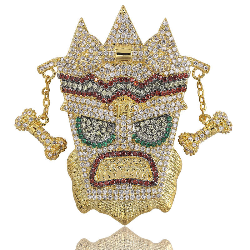Iced Out Crash Bandicoot pendant gold plated face charm with green crystal eyes and dangling bone charms by DatNewDrip