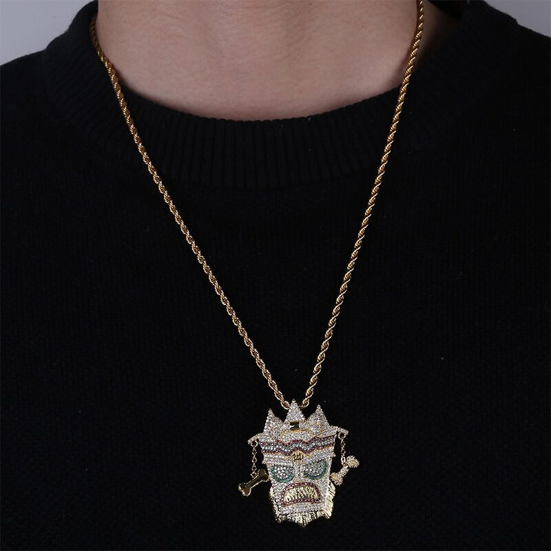 DatNewDrip Iced Out Crash Bandicoot pendant on gold rope chain with crystal encrusted mask design