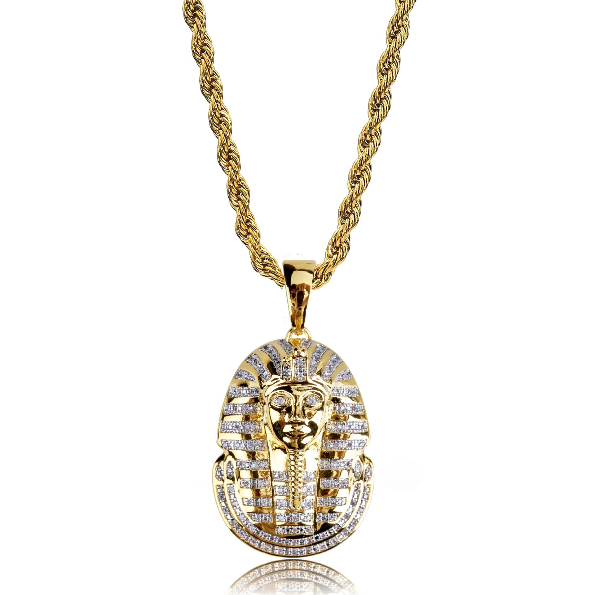 DatNewDrip gold rope chain necklace with iced out King Tut pendant in gold plated metal with cubic zirconia