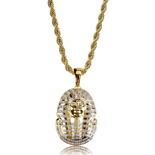 DatNewDrip gold rope chain necklace with iced out King Tut pendant in gold plated metal with cubic zirconia