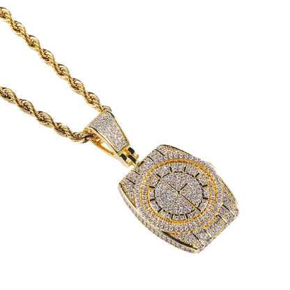 DatNewDrip gold rope chain featuring an iced out watch pendant encrusted with pave CZ stones