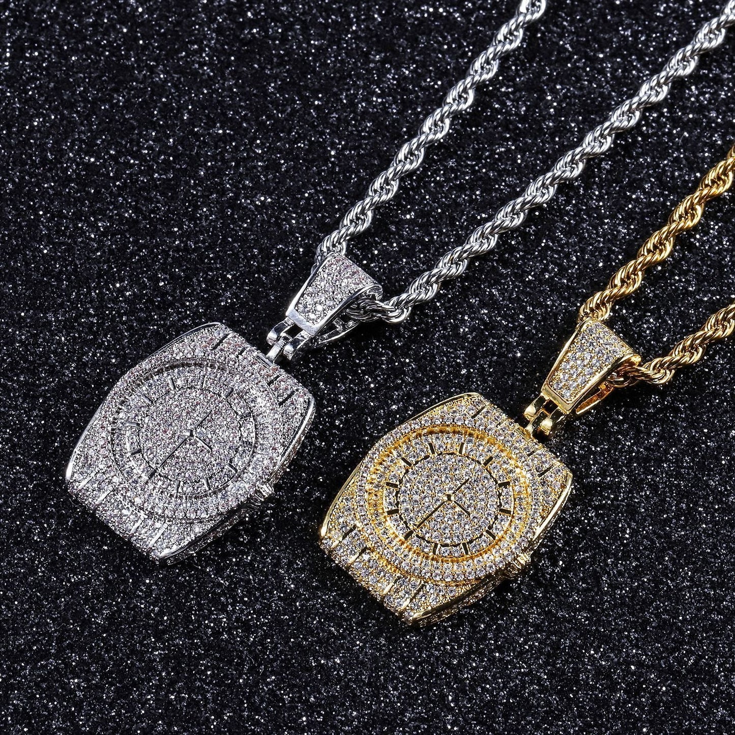 DatNewDrip iced out watch pendant gold and silver pave watch face on twisted rope chains