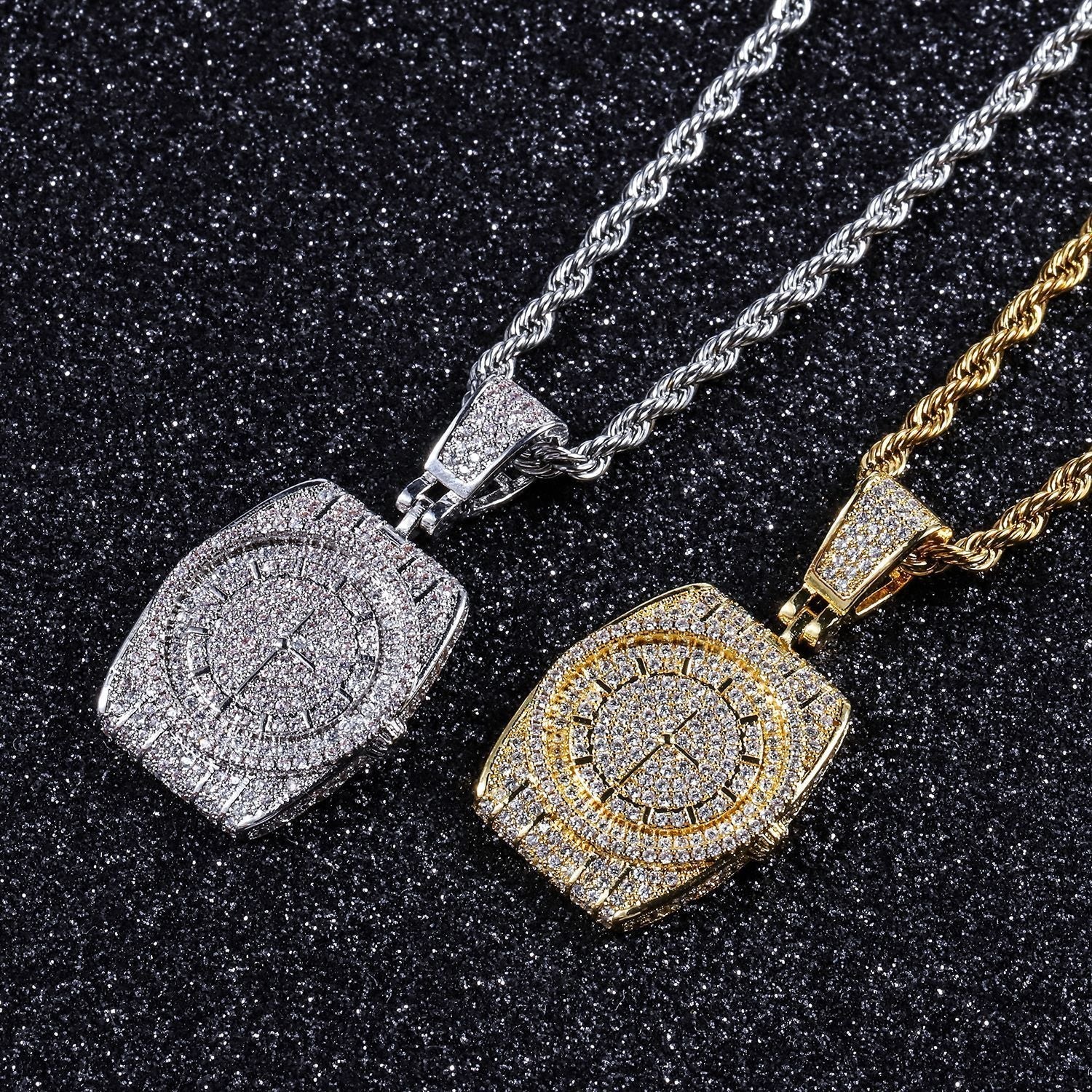 DatNewDrip iced out watch pendant gold and silver pave watch face on twisted rope chains