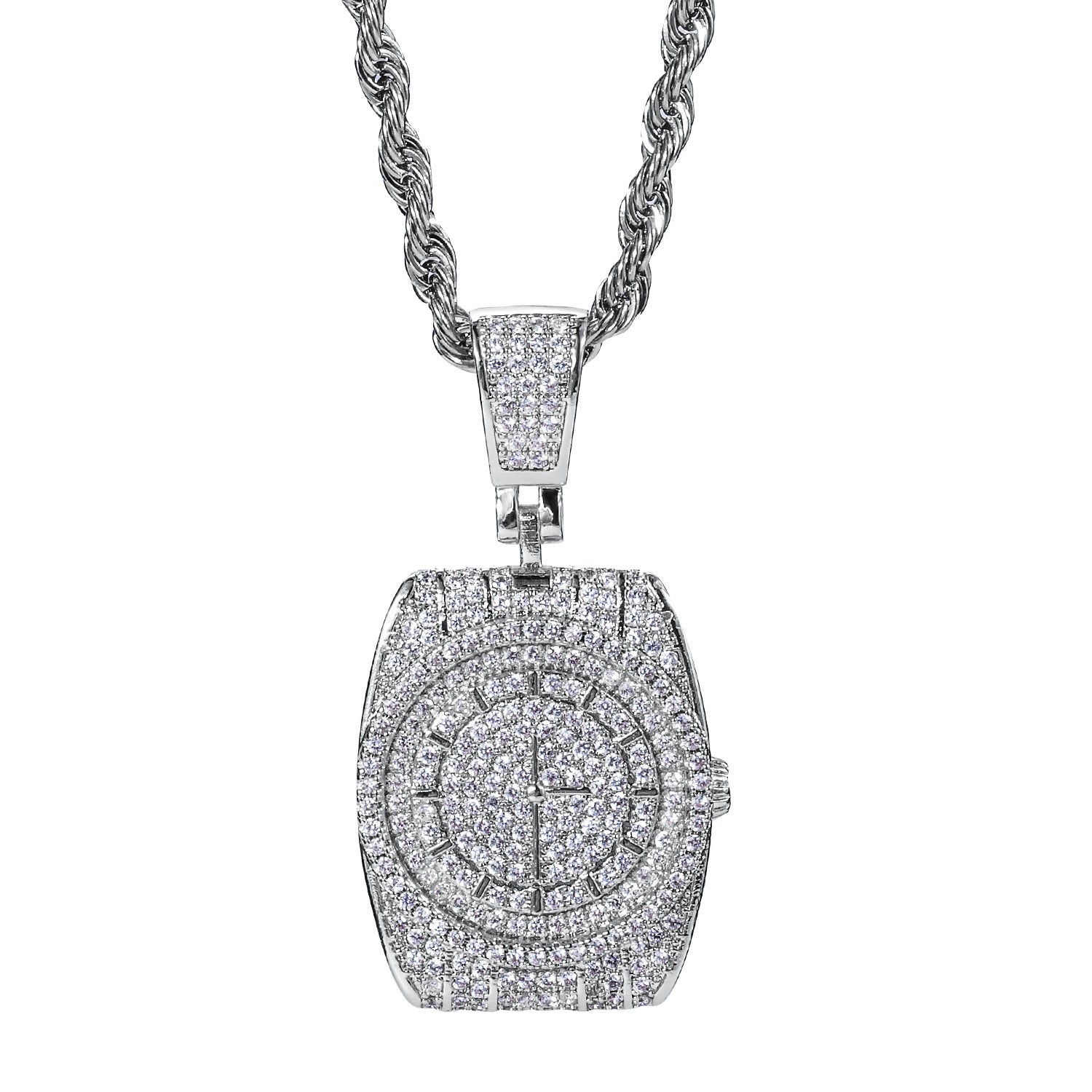 DatNewDrip iced out watch pendant silver tone pave stones rectangular watch face on rope chain