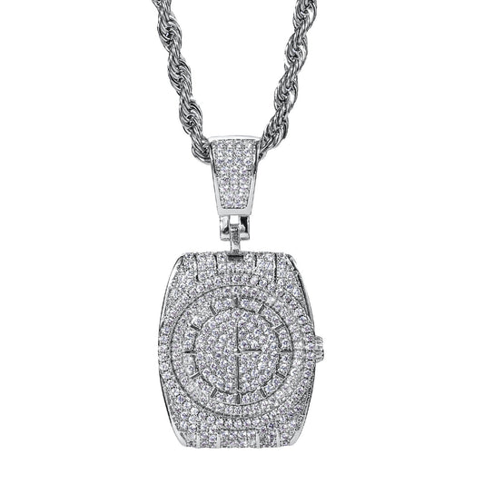 DatNewDrip iced out watch pendant silver tone pave stones rectangular watch face on rope chain