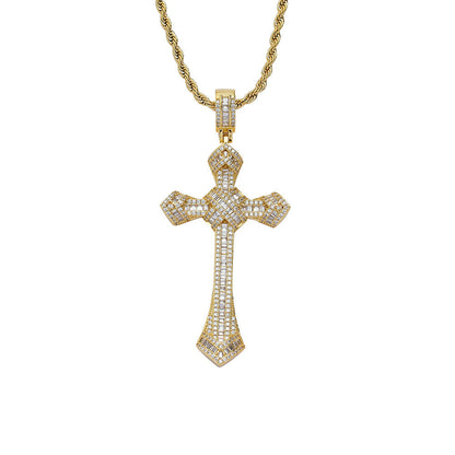 DatNewDrip gold iced out cross pendant with pave cubic zirconia on gold rope chain