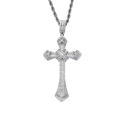 DatNewDrip iced out cross pendant in silver with baguette and round stones on rope chain