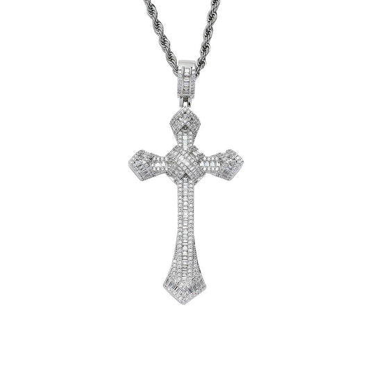 DatNewDrip iced out cross pendant in silver with baguette and round stones on rope chain