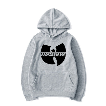Gray hoodie with black Wu-Tang Clan logo graphic on front representing Wu-Tang Clan apparel