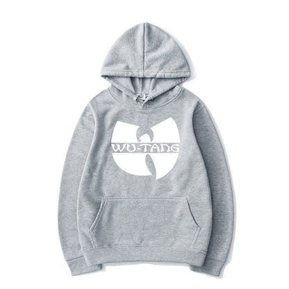 Gray hoodie with large white Wu-Tang logo printed on front chest from DatNewDrip Wu-Tang Clan apparel