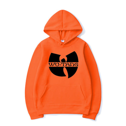 Orange hoodie with black Wu-Tang Clan logo front pocket Wu-Tang Clan apparel by DatNewDrip