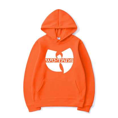 Orange hoodie with white Wu-Tang logo front pocket and hood Wu-Tang Clan apparel