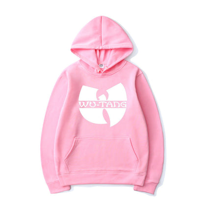 Pink hoodie with white Wu-Tang logo and text on front from DatNewDrip Wu-Tang Clan apparel