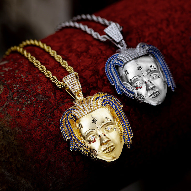 DATNEWDRIP XXXTentacion Face Pendant Silver with Blue Stones - DATNEWDRIP
