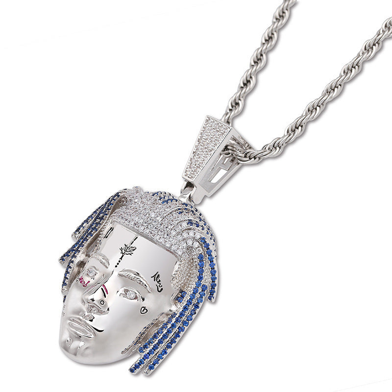 DATNEWDRIP XXXTentacion Face Pendant Silver with Blue Stones - DATNEWDRIP