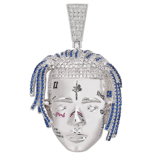 DatNewDrip XXXTentacion face pendant with blue and clear stones depicting rapper's facial features