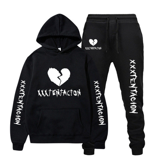 Black XXXTENTACION hip-hop hoodie and sweatpants set with white broken heart and logo print