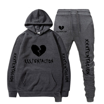 Dark gray XXXTENTACION hip-hop hoodie and sweatpants set with broken heart design and logo print