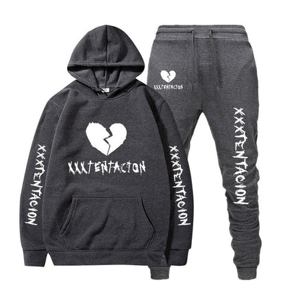 DatNewDrip XXXTENTACION hip-hop hoodie and sweatpants set in dark gray with broken heart logo and white text