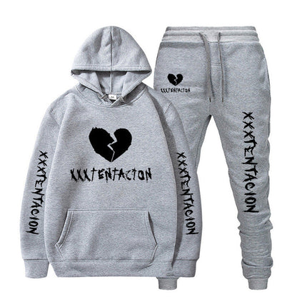 Gray XXXTENTACION hip-hop hoodie and sweatpants set with black broken heart and text logos