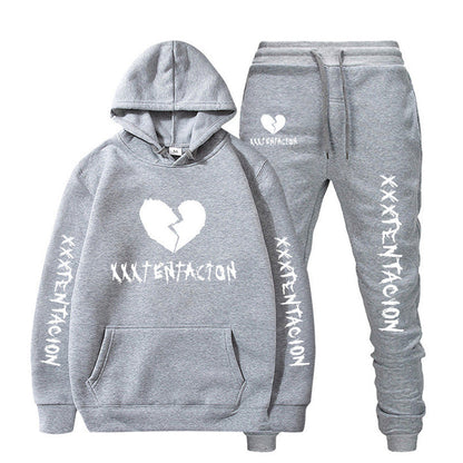 Gray XXXTENTACION hip-hop hoodie and sweatpants set with white broken heart and text design