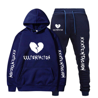 DatNewDrip navy blue XXXTENTACION hip-hop hoodie and sweatpants set with white broken heart and logo