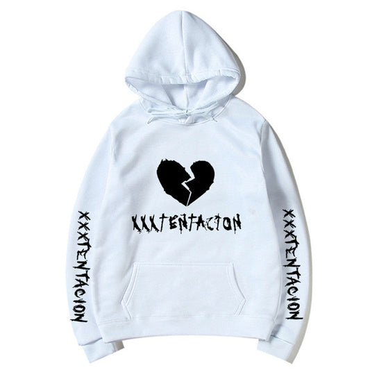 White XXXTENTACION hoodie with broken heart graphic and sleeve text by DatNewDrip