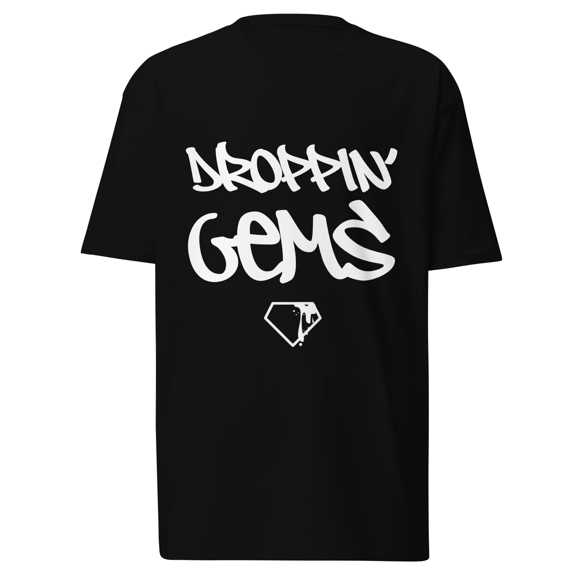 Black Y2K streetwear graphic tee with bold white Droppin Gems design for trendy style