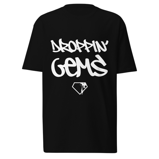 Black Y2K streetwear graphic tee with bold white Droppin Gems design for trendy style
