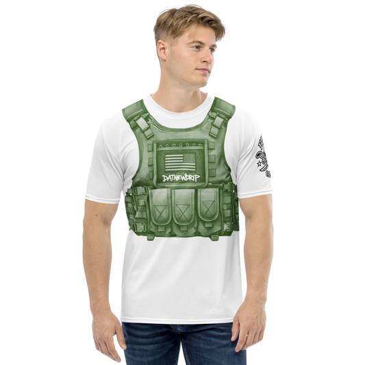 DATNEWDRIP Y2k tactical vest graphic tee in white with green tactical vest design