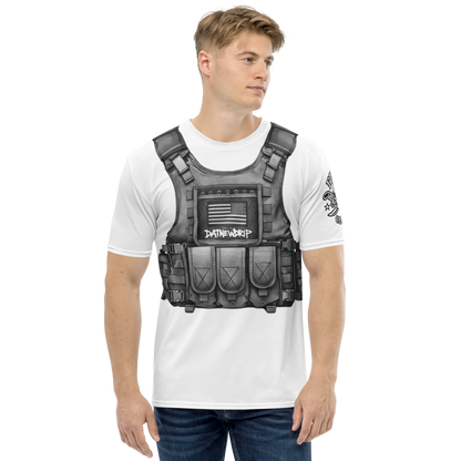 Man wearing a y2k tactical vest graphic tee featuring military-style design and printed details