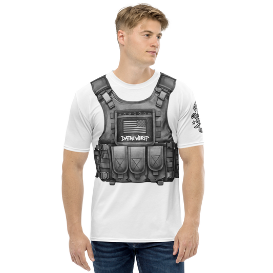 Man wearing a y2k tactical vest graphic tee featuring military-style design and printed details