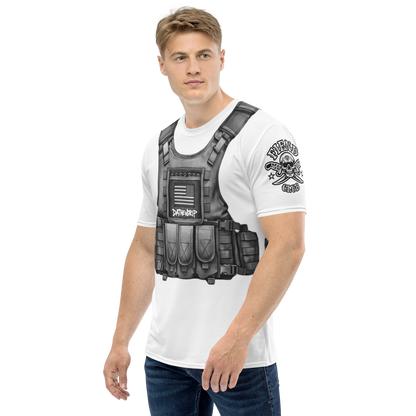 Men's DATNEWDRIP y2k tactical vest graphic tee featuring a detailed vest design in black and white