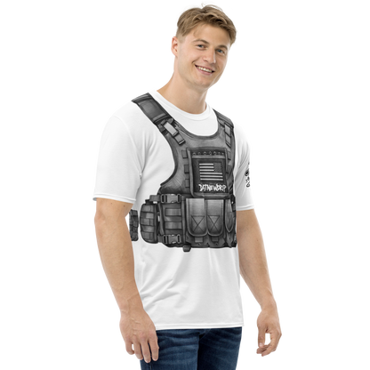 Men's white y2k tactical vest graphic tee featuring a detailed vest print for a stylish look