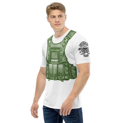 Y2k tactical vest graphic tee featuring a detailed green vest design on a white shirt